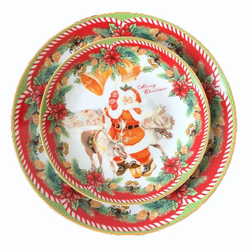

Ceramic 8 Inch And 10inch Plate Christmas Santa Plate Edible Hand-painted Porcelain Cartoon Flat Dish Home Deco Plate Dinnerware