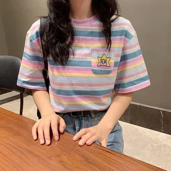 Women short sleeve T-shirts Japan Harajuku girls Ulzzang Fresh Color Striped Rainbow T shirt Female Korean Kawaii pink Tops tees 
Women short sleeve T-shirts Japan Harajuku girls Ulzzang Fresh Color Striped Rainbow T shirt Female Korean Kawaii pink Tops tees