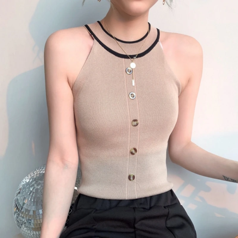 Halter Tank Top Women Summer T shirt Crop Top Knitted Buttons Stretchy Color Block Sexy Vest T shirt Black White Beige T91081
Halter Tank Top Women Summer T shirt Crop Top Knitted Buttons Stretchy Color Block Sexy Vest T shirt Black White Beige T91081