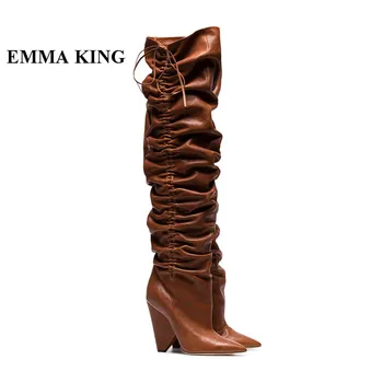 EMMA KING New Stylish Pleated Spike Heels Knee High Women Boots Brown Slip-On Pointed Toe Boots Lace Up Casual Daily Dress Boots
EMMA KING New Stylish Pleated Spike Heels Knee High Women Boots Brown Slip-On Pointed Toe Boots Lace Up Casual Daily Dress Boots