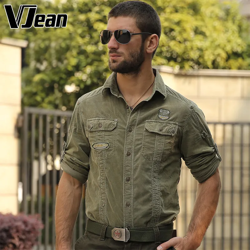 Фото V Жан Для мужчин вельвет Roll-Up рукава Военная Униформа Рубашка #2a286 | Мужская одежда