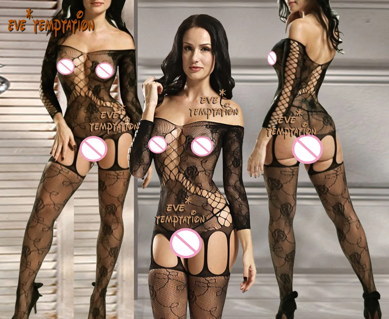 

Sexy Sleepwear Lingerie Babydoll BODYSUIT Mesh Floral Body Stocking long sleeve Garter Teddy Fishnet Catsuit Nightwear 6087