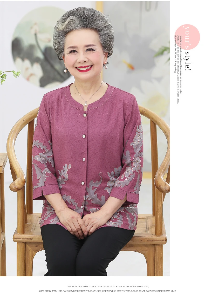 Grandma Mother Shirts Red Blue Green Flower Pattern Print Tops Women Round Collar Three Quarter Sleeve Blouses Button Front Shirt Woman Top (7)