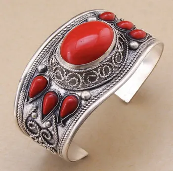 

hot sell new - Charm Tibet Silver Flower Coral Stone Bead Cuff Bracelet Bangle