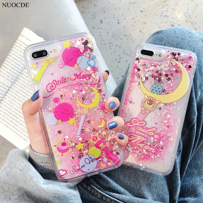 Чехол Sailor Moon Girl с динамической жидкостью и зыбучим песком для iPhone 8 7 6 6s Plus Жесткий