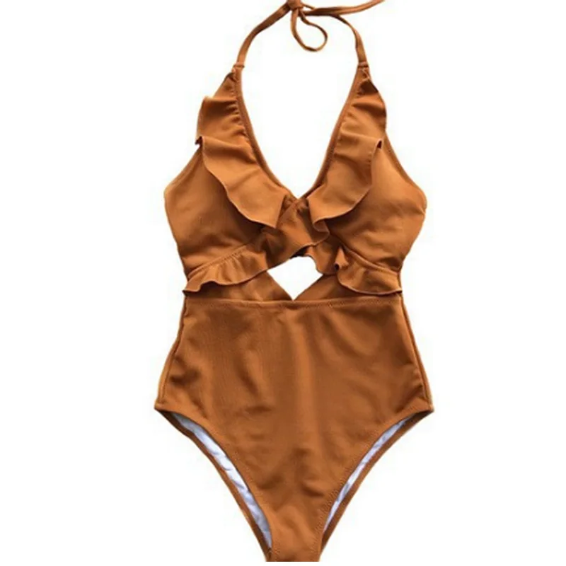 Brown Ruffle Solid Swimsuit Women Deep V-Neck Halter Backless Slimcut Out Swimwear
Brown Ruffle Solid Swimsuit Women Deep V-Neck Halter Backless Slimcut Out Swimwear