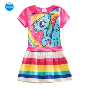 JUXINSU My Baby Girl Summer Little Pony Cartoon Girls Rainbow Costume Casual Short Sleeve Dresses Pony Dress Home Wear 1-8 Year