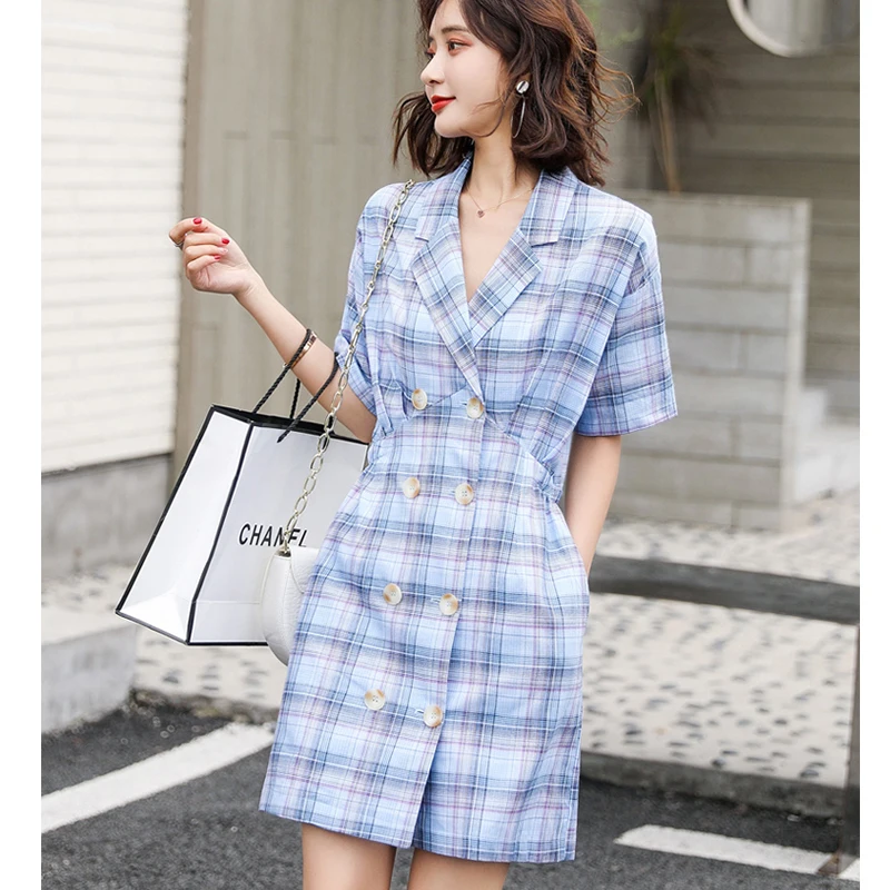 Women Office Dress Summer Short-sleeved High-waist Linen Dress Suit Collar Double-breasted Chequered Shirt Mini Dress
Women Office Dress Summer Short-sleeved High-waist Linen Dress Suit Collar Double-breasted Chequered Shirt Mini Dress
