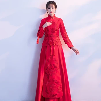 Elegant Bride Wedding Dress Women Satin Qipao Embroidery Tang Suit Vintage Tassel Sleeve Retro Buckle Oriental Long Cheongsam
Elegant Bride Wedding Dress Women Satin Qipao Embroidery Tang Suit Vintage Tassel Sleeve Retro Buckle Oriental Long Cheongsam