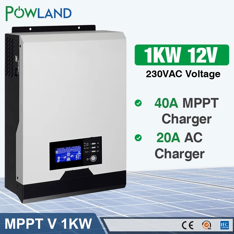 

POWLAND 1KVA Solar Inverter 1000w 12V Pure Sine Wave Inverter 40A MPPT Off Grid Inverter 220V Hybrid Inverter 20A AC Charger
