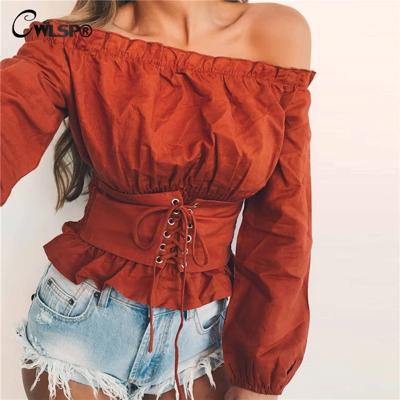 

CWLSP Autumn Women Long Lantern Sleeve Blouse Shirt Lettuce Edge Ruffles blusas Lace Up Waist blusa de renda sem manga QL3298