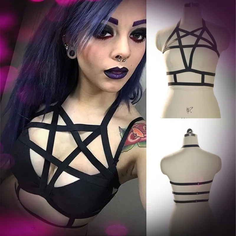 

Harajuku Pentagram Harness Fetish Wear Cage Bralette Exotic Goth Body Bondage Harness 90s Crop Top Lingerie Erotic Wear O0073