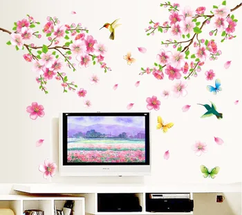 

Large 9158 Elegant Flower Wall Stickers Graceful Peach Blossom birds Wall Stickers Furnishings Romantic Living Room Decoration