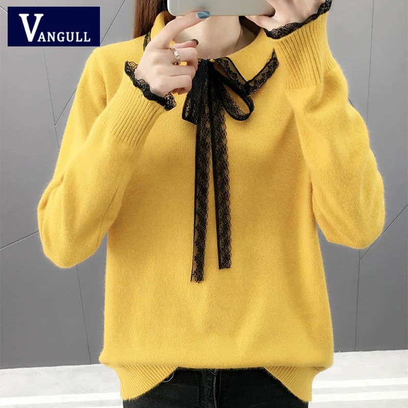 VANGULL 2019 Spring Autumn New Women Knitted Sweaters Short Patchwork Lace Bow Pullovers Turn-down Collar Long Sleeve Sweaters
VANGULL 2019 Spring Autumn New Women Knitted Sweaters Short Patchwork Lace Bow Pullovers Turn-down Collar Long Sleeve Sweaters