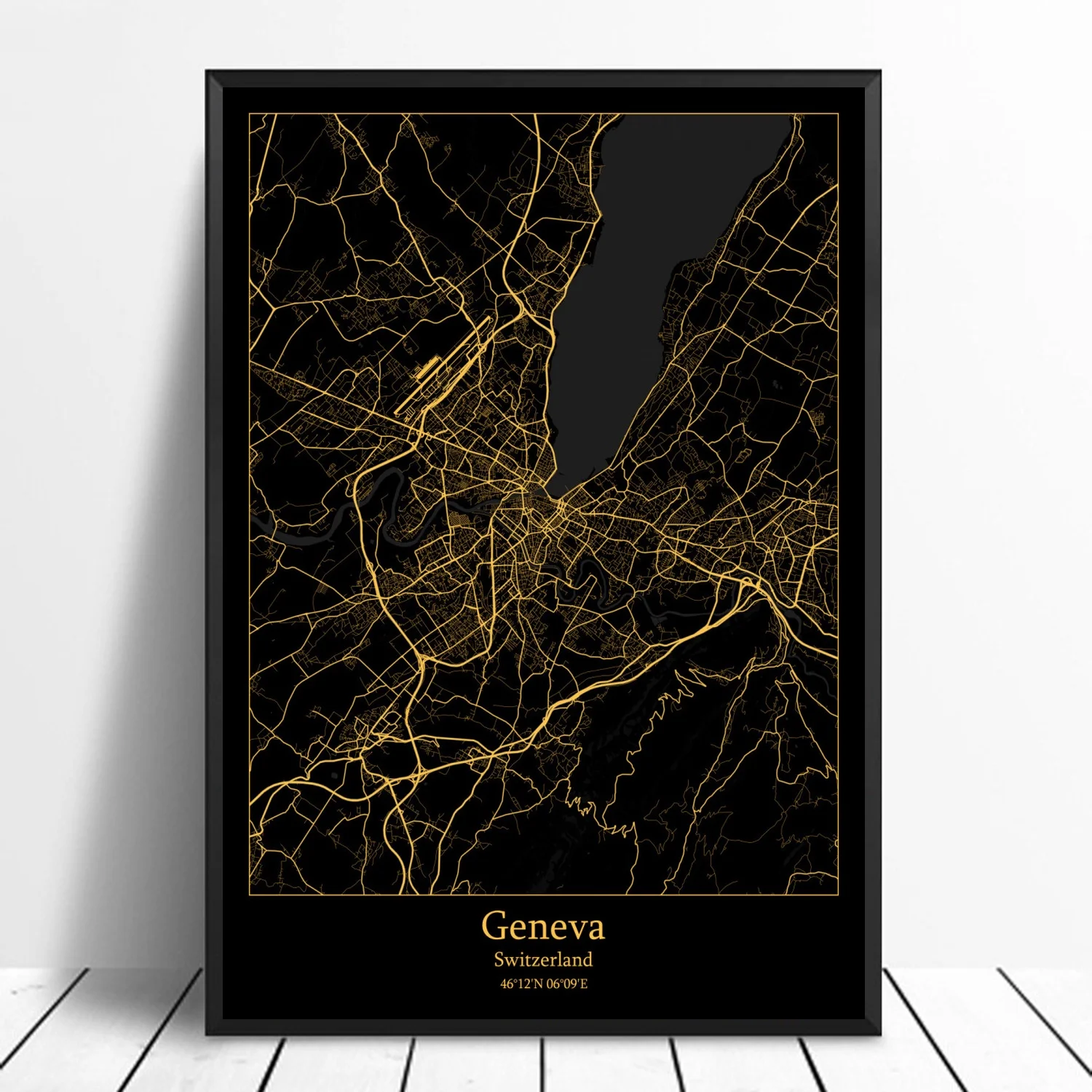 Женева Швейцария современный город Золотая карта холст искусство печать Декор