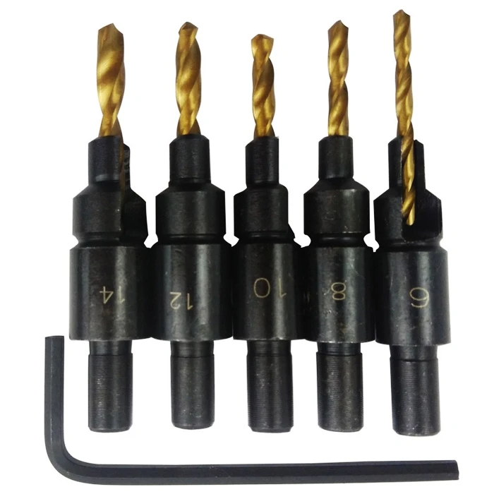 Hot Selling 5Pcs Woodworkers Countersink Drill Bit Quick Change Hex Shank Set #6 #8 #10 #12 #14+Hex Wrench