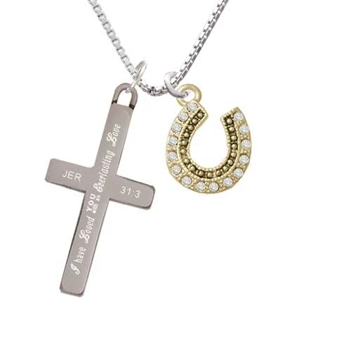 Beaded Clear Crystal Gold Tone Horseshoe with Good Luck - Everlasting Love - Cross Necklace (1)
