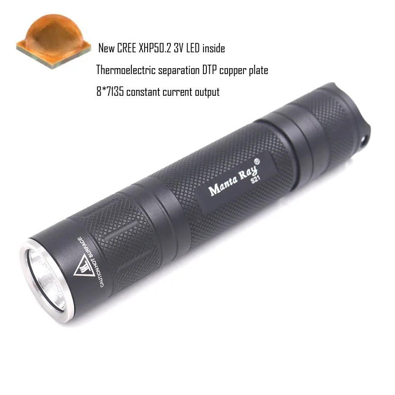 

S21 black flashlight torch,CREE XHP50.2 6500K LED inside,copper DTP board,stepless dimming light design,21700 or 18650 battery