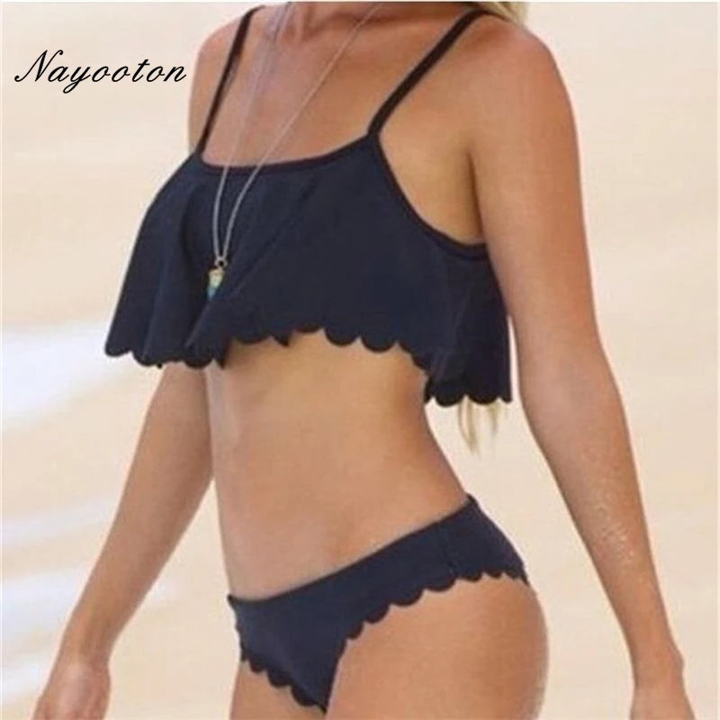 Image 2016 black adult swim figuresRuffled Woman two piece swimsuit low waist bikini swimsuit Halter Women s swimwear swimming trunks