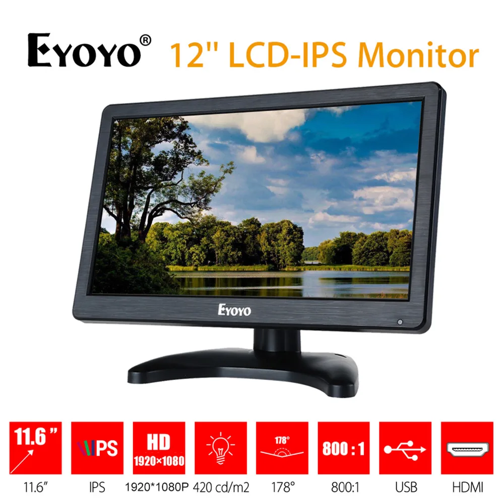 

EYOYO EM12D 12 inch IPS LCD HD Video Audio Monitor 1920x1080 HDMI VGA BNC AV for PC Computer Camera DVD Security CCTV DVR