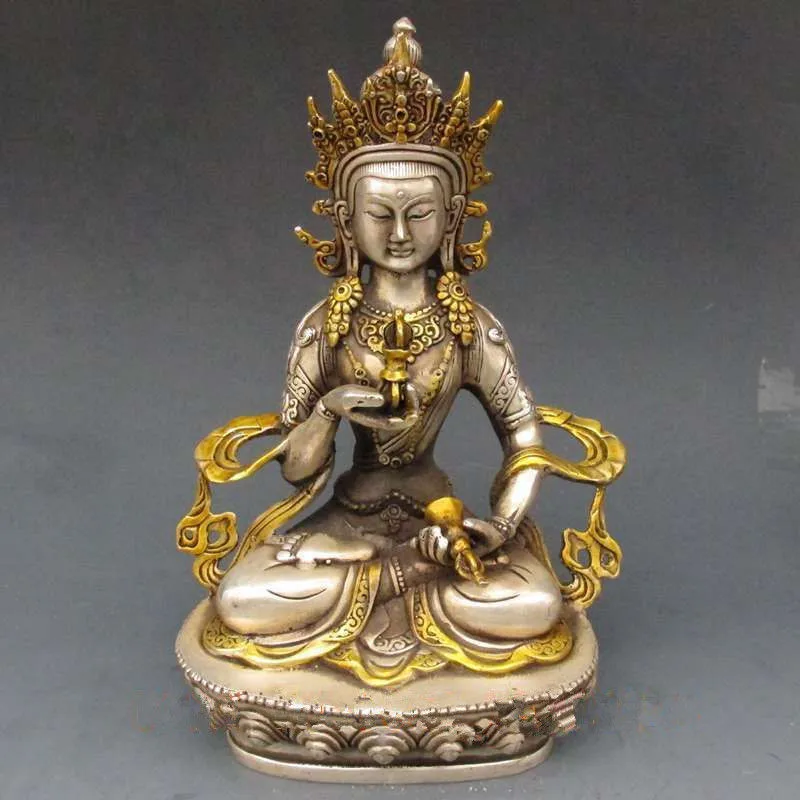 

TNUKK Vintage Tibet Silver Copper Gilt Tibetan Buddhism Statue -- White Tara Buddha metal handicraft.