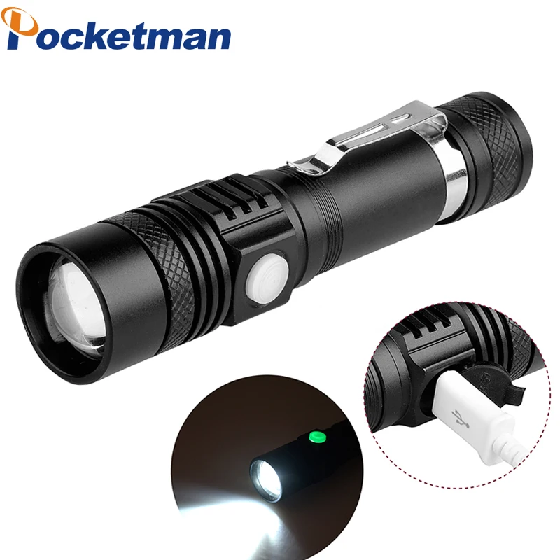 

Pocketman Ultra Bright XM-L T6 USB LED Flashlight 3 Modes 3800 Lumens Zoomable LED Torch 18650 Battery + Charger + USB