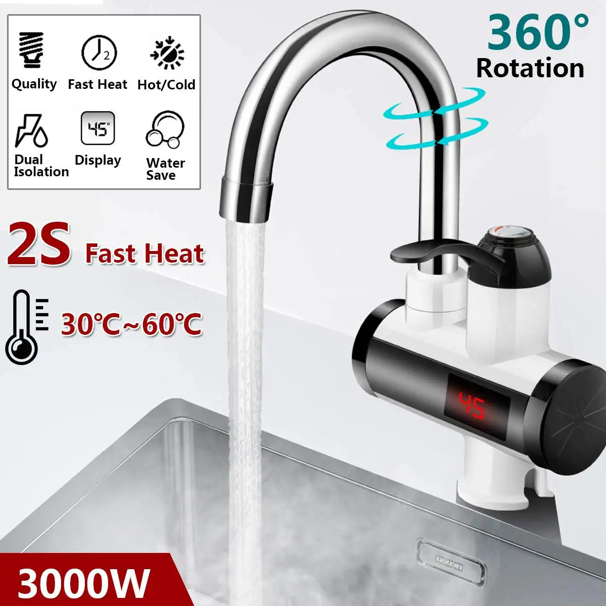 Home 220V 3000W Instant Electric Faucet Tap Hot Water Heater Stainless Steel Under Inflow LED Display Bathroom Kitchen
Home 220V 3000W Instant Electric Faucet Tap Hot Water Heater Stainless Steel Under Inflow LED Display Bathroom Kitchen