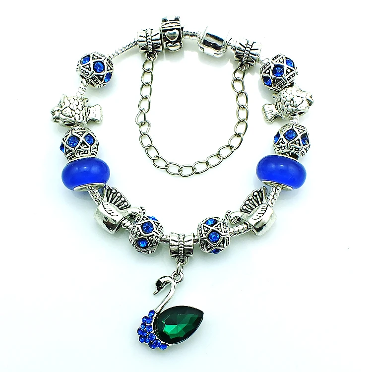 Image European Style Silver Plated Charm Infinity Bracelets Blue Rhinestone With Murano Crystal Grass Beads DIY Bracelets Jewelry