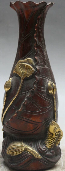150@g++8" Marked Chinese Palace Bronze Gilt Lotus Leaf Golden Fish Bottle Vase Jar 
150@g++8" Marked Chinese Palace Bronze Gilt Lotus Leaf Golden Fish Bottle Vase Jar