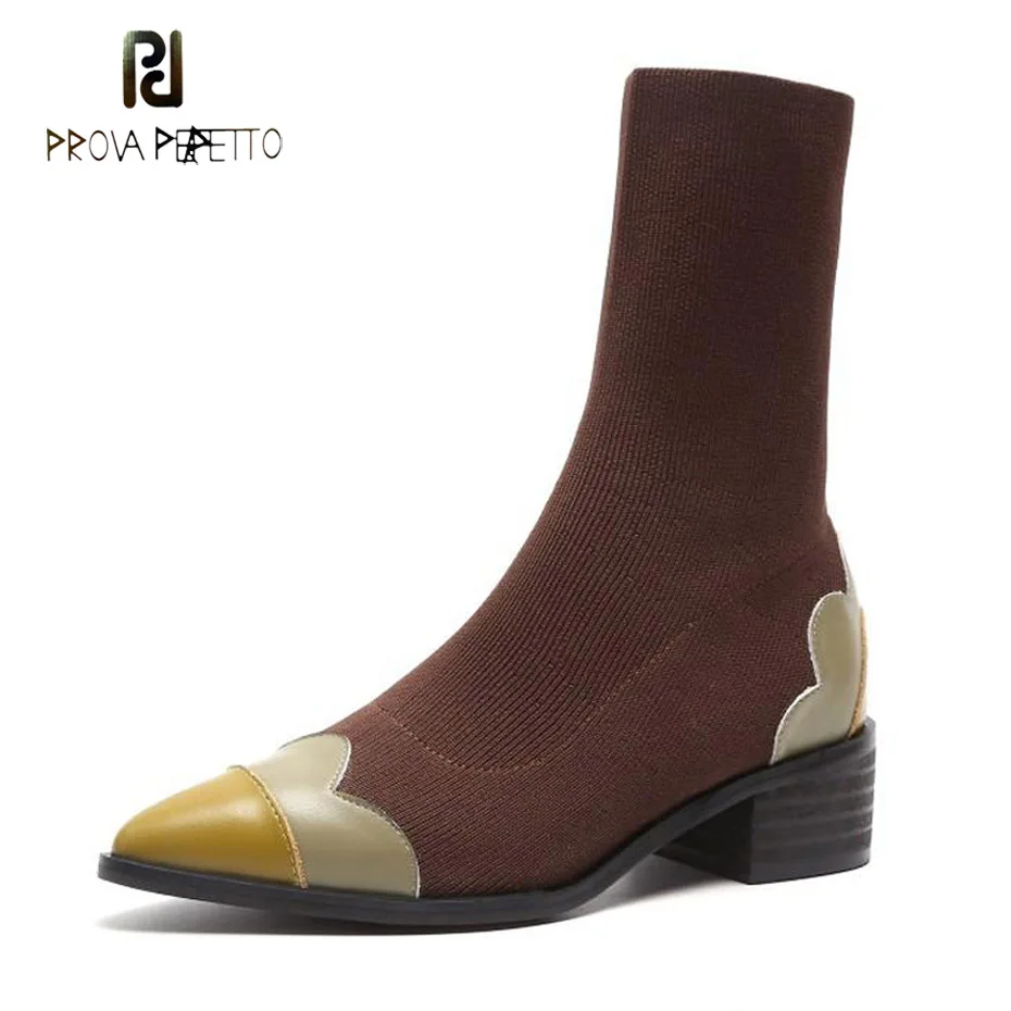 Prova Perfetto mixed color real leather pointed toe women ankle boots med heel stretch sock boots fashion lady knitting footwear
Prova Perfetto mixed color real leather pointed toe women ankle boots med heel stretch sock boots fashion lady knitting footwear