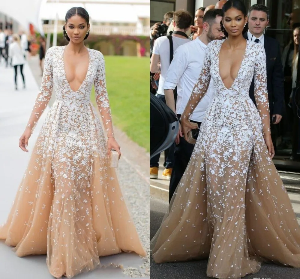 Evening Dresses Long Sleeves Champagne Tulle Formal Cleberity Pageant Deep V Neck Applique Prom Party Dress vestidos de noiva
Evening Dresses Long Sleeves Champagne Tulle Formal Cleberity Pageant Deep V Neck Applique Prom Party Dress vestidos de noiva