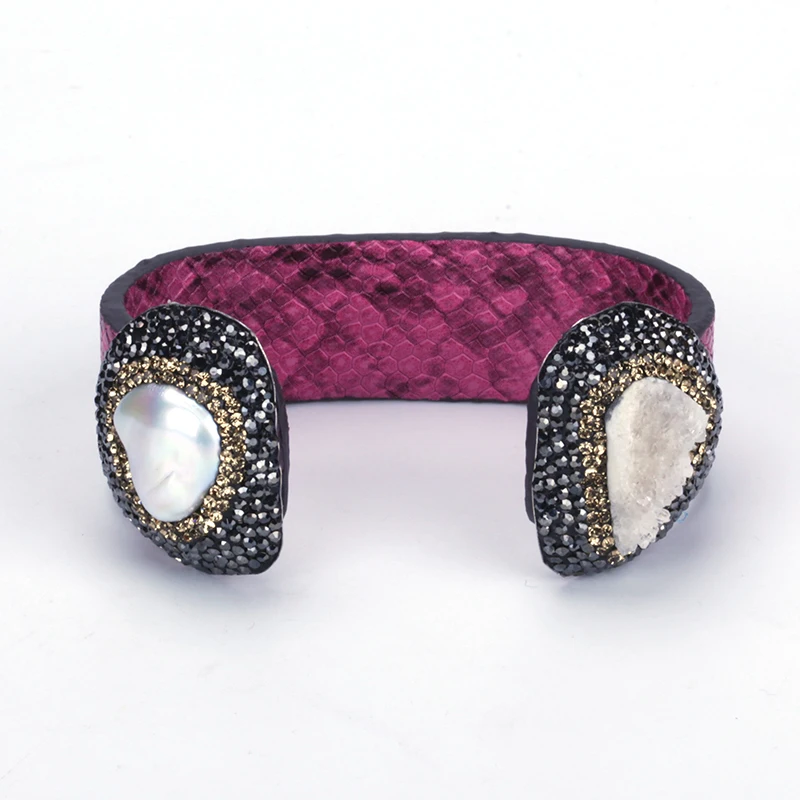 

Trendy Snake Leather Rhinestone Shell Cuff Bangle for Women 6 Colors Popular Copper Jewelry High Quality Charm Bijoux