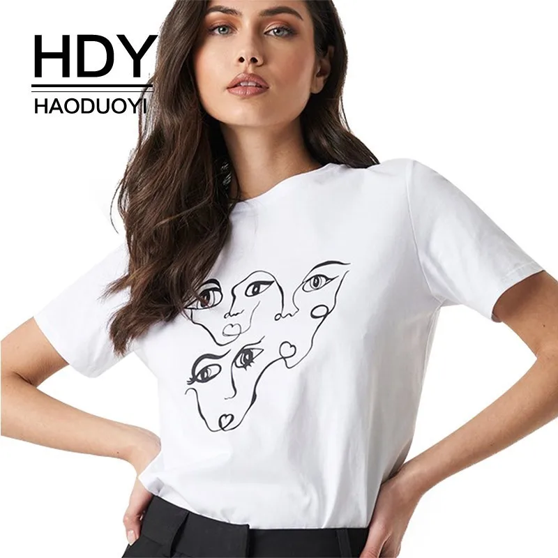 HDY Haoduoyi Femme Simple Summer Stylish White Casual Tops O-Neck Basic Style Abstract Face Printing Round Collar Short Sleeve
HDY Haoduoyi Femme Simple Summer Stylish White Casual Tops O-Neck Basic Style Abstract Face Printing Round Collar Short Sleeve