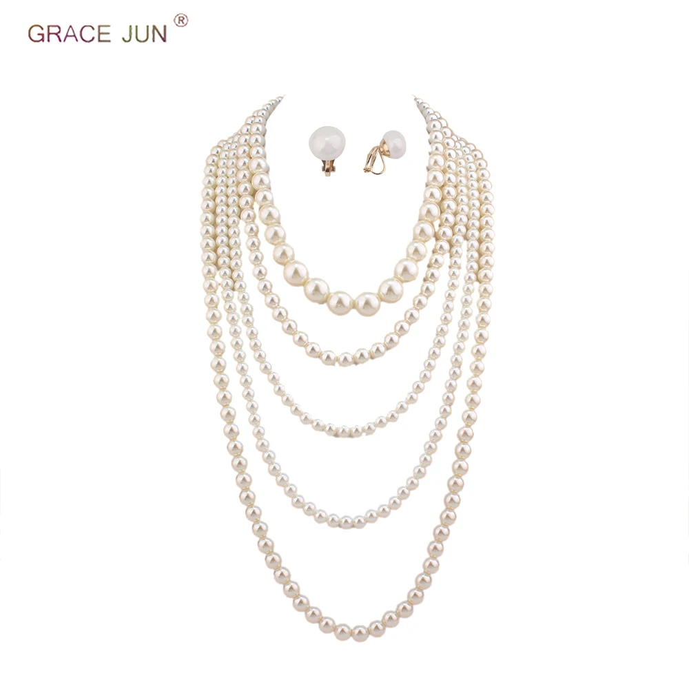 GRACE JUN Multilayer Strand Simulated Pearl Statement Necklace and Clip on Earrings Set Women Long Sweater Chain Choker Necklace
GRACE JUN Multilayer Strand Simulated Pearl Statement Necklace and Clip on Earrings Set Women Long Sweater Chain Choker Necklace
