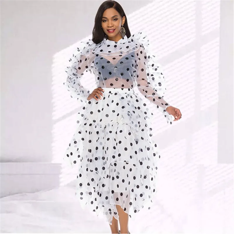 autumn Polka Dot Suits 2 Piece Set Women Blouse Skirt Set Ruffles Transparent Shirts Elegant Tutu club outfits
autumn Polka Dot Suits 2 Piece Set Women Blouse Skirt Set Ruffles Transparent Shirts Elegant Tutu club outfits