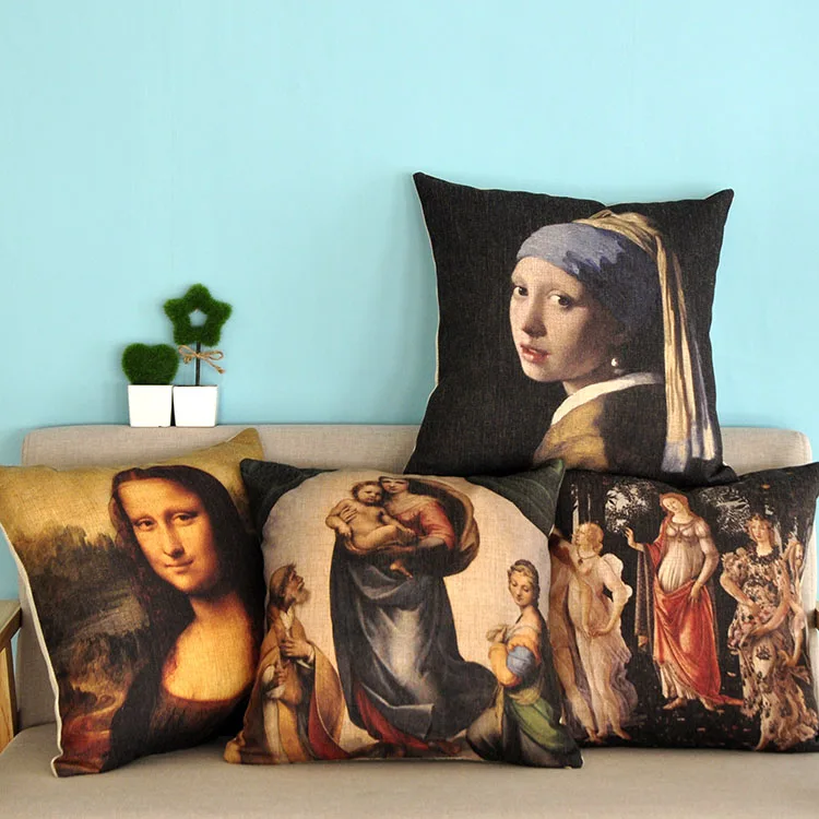 European Retro Oil Paintings Cushion Covers Mona Lisa The Girl with a Pearl Earring Venus Cushion Cover Linen Pillowcase
European Retro Oil Paintings Cushion Covers Mona Lisa The Girl with a Pearl Earring Venus Cushion Cover Linen Pillowcase