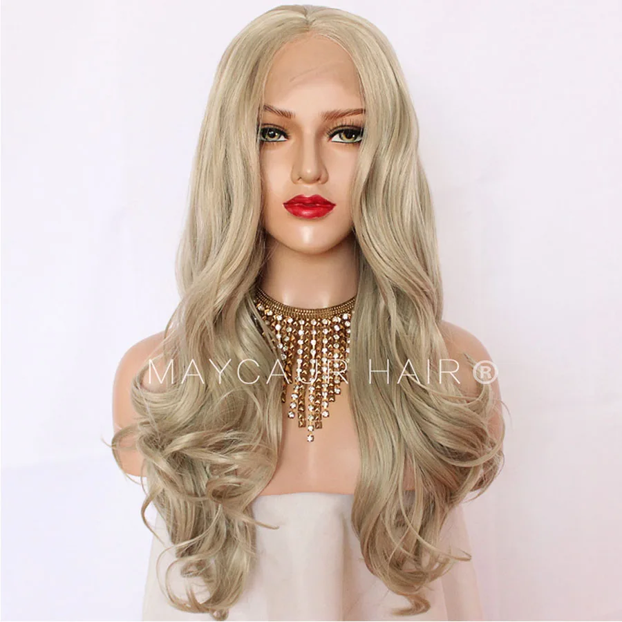 Maycaur Long Wavy Platinum Color Synthetic Lace Front Wigs White Gold Body Wave Hair Wig for Women (1)