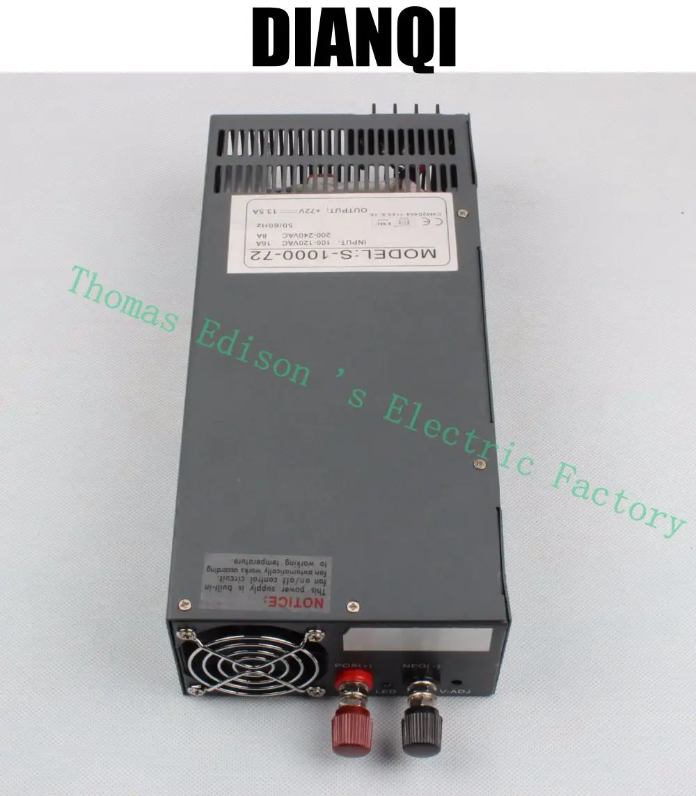 1000W 72V 13.5a Switching power supply AC to DC input 110v or 220v select by switch 1000w ac to dc power supply S-1000-72
1000W 72V 13.5a Switching power supply AC to DC input 110v or 220v select by switch 1000w ac to dc power supply S-1000-72