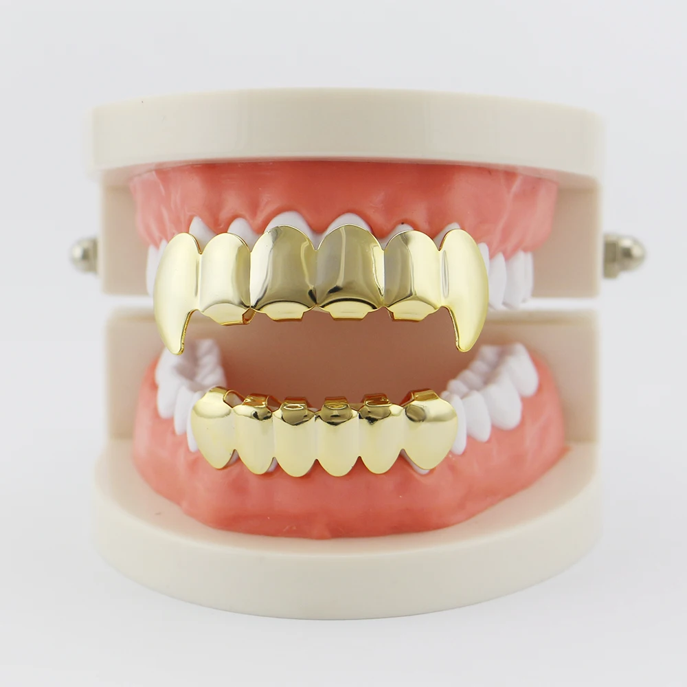 Tooth Grillz Gold Color Teeth Grillz Top & Bottom Grills Hiphop Teeth Caps Body Jewelry for Women Men Vampire Cosply Joyeria Hot (12)