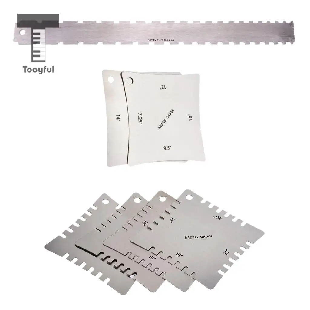 Tooyful Stainless Steel 1x Fretboard Ruler with 6x Radius Gauges Measuring Tools for Guitar Bass Luthier Tool