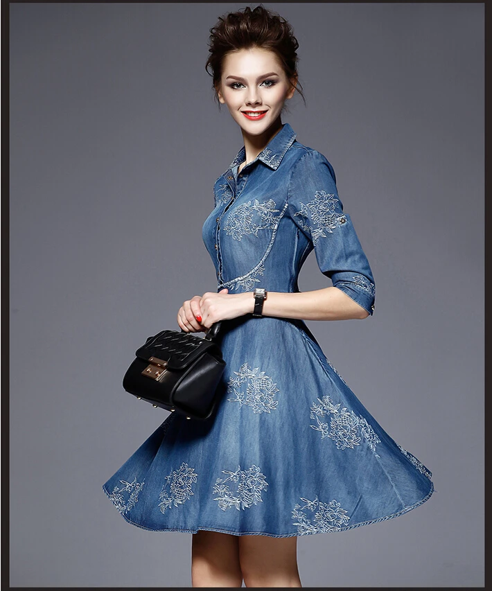 European Womens Jeans Dress Spring Summer Embroidered flowers Mini Denim Half Sleeve Dresses Vestido Femininos
European Womens Jeans Dress Spring Summer Embroidered flowers Mini Denim Half Sleeve Dresses Vestido Femininos