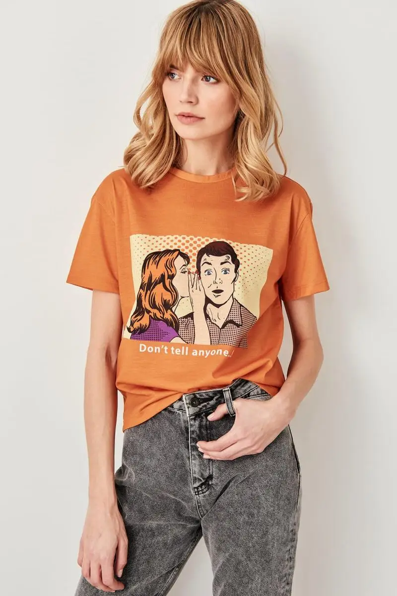 Trendyol, camisetas de algodón para mujer, Camiseta de punto con estampado de mostaza para mujer, Camiseta básica TWOSS19VG0126 Trendyol, camisetas de algodón para mujer, Camiseta de punto con estampado de mostaza para mujer, Camiseta básica TWOSS19VG0126