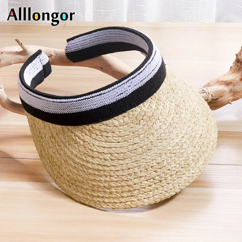 

100% Natural Raffia Straw Visor Hat Women Summer 2019 Fashion Solid ladies Beach Sun Hat Visors Caps Girls ponytail Sunhat