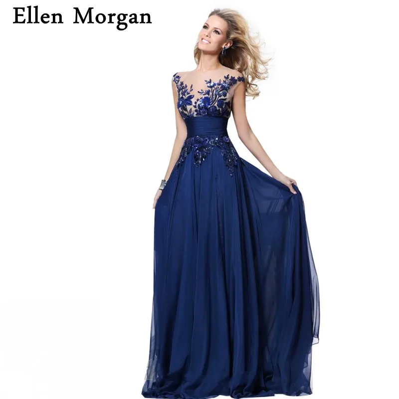 Женское вечернее платье с корсетом синее длинное из шифона прозрачной шеей и