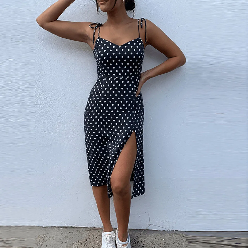 Women Casual Polka Dot Sleeveless High Pleated elastic waist V-Neck Beach Dress JKP4289