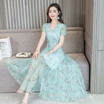 Summer new style short-sleeved transparent chiffon floral dress female long paragraph over the knee women's midi dress W200
Summer new style short-sleeved transparent chiffon floral dress female long paragraph over the knee women's midi dress W200