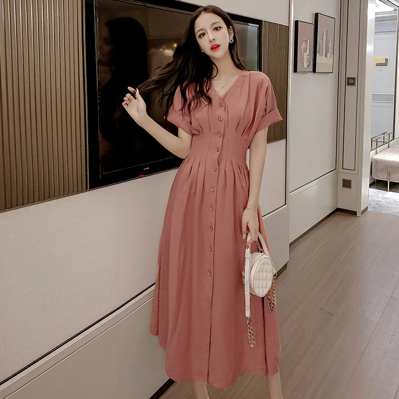 2019 Summer New Arrival Short Sleeve V Collar Solid Color Collect Waist Woman Cotton Long Dress
2019 Summer New Arrival Short Sleeve V Collar Solid Color Collect Waist Woman Cotton Long Dress