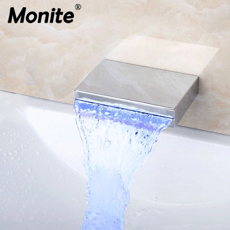 

Monite Bathroom Wall Mount Chrome Brass Mixer Tap Faucet Spout LED Color Changing Bathroom Basin Sink Faucet Waterfall Spout
