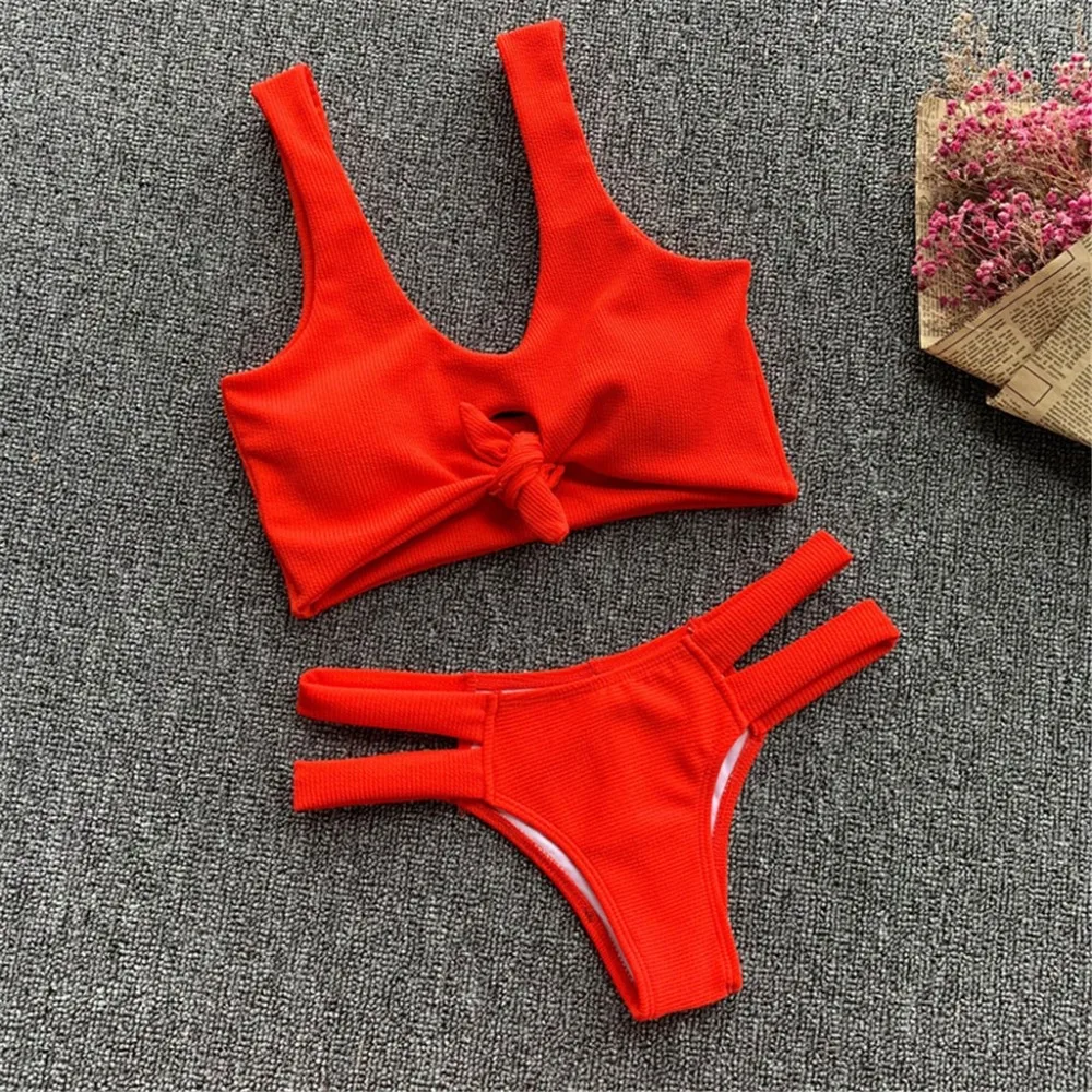 Women Two-Piece Swimsuit Backless Strappy Knot Solid Bikini Set Beachwear Female Separate Push Up Bikinis Solid New L5# (6)
