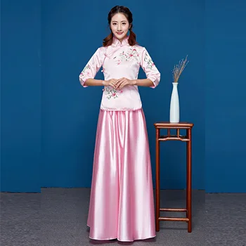 Pink Elegant Satin Women Cheongsam Suit Vintage Chinese Style Hanfu Set Slim Embroidery Flower Bridesmaid Wedding Dress Vestidos
Pink Elegant Satin Women Cheongsam Suit Vintage Chinese Style Hanfu Set Slim Embroidery Flower Bridesmaid Wedding Dress Vestidos